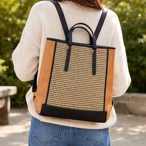 Fossil Camilla Convertible Backpack Tote Leather Woven Straw Black Tan Boho Chic